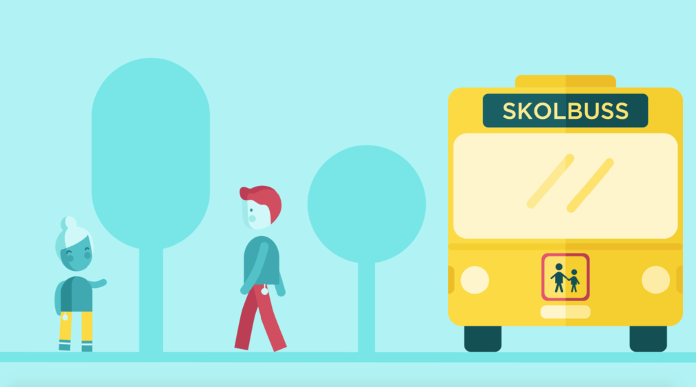 Illustration på en skolbuss och barn som går av och på.