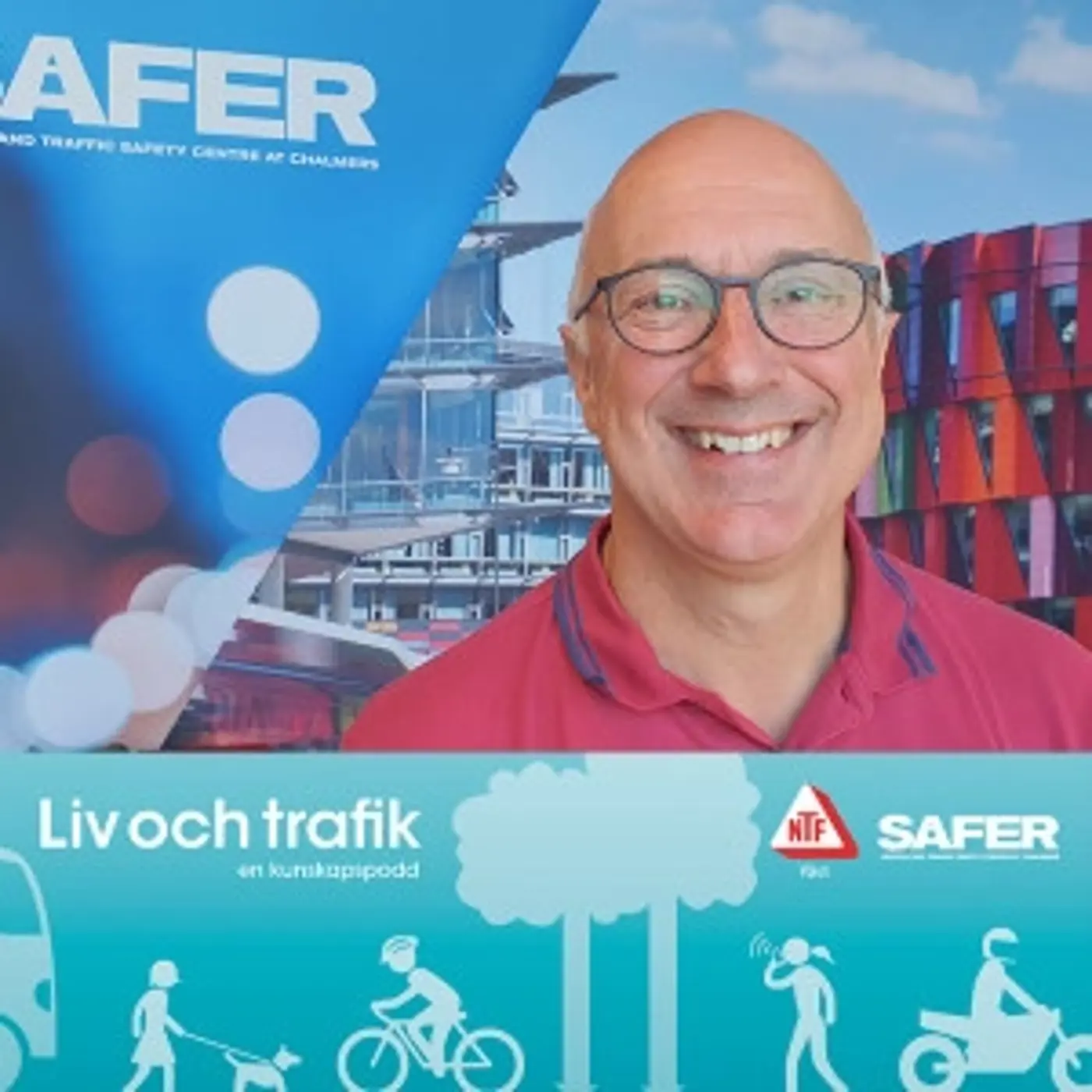 En omslagsbild till podcasten "Liv och trafik" med en porträttbild på en leende man med glasögon.