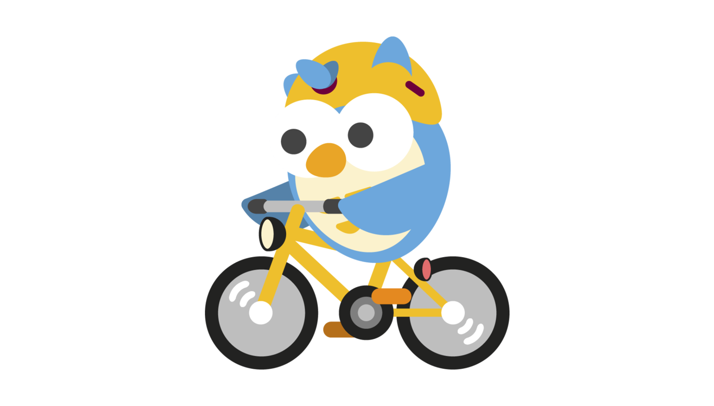 Illustrerad blå uggla på cykel.