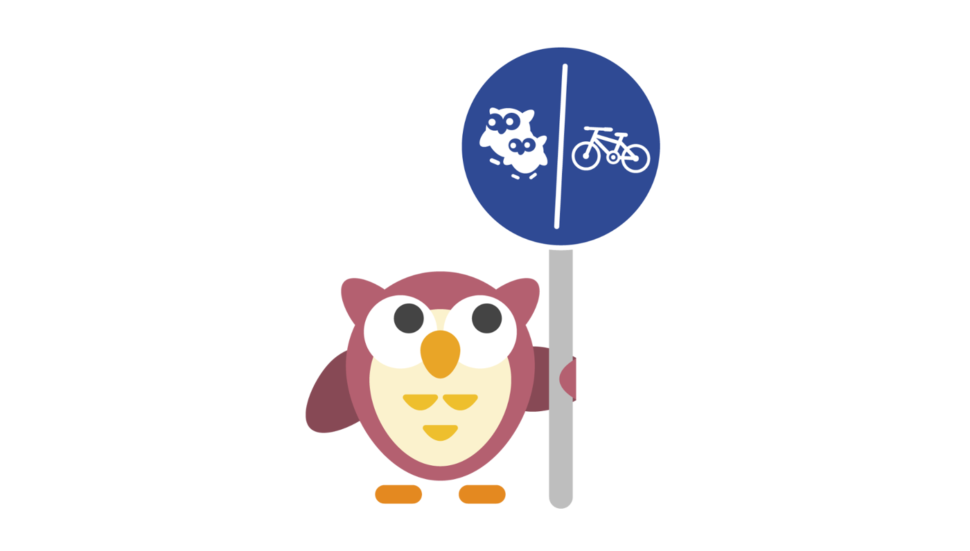 Illustrerad röd uggla står vid en skylt som visar delad gång-och cykelbana..