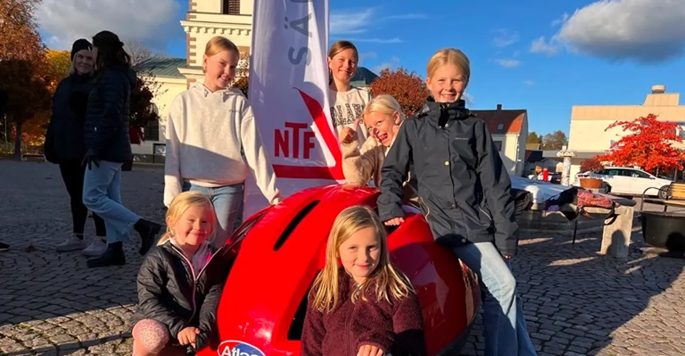 Barn står uppställda framför en NTF-flagga.