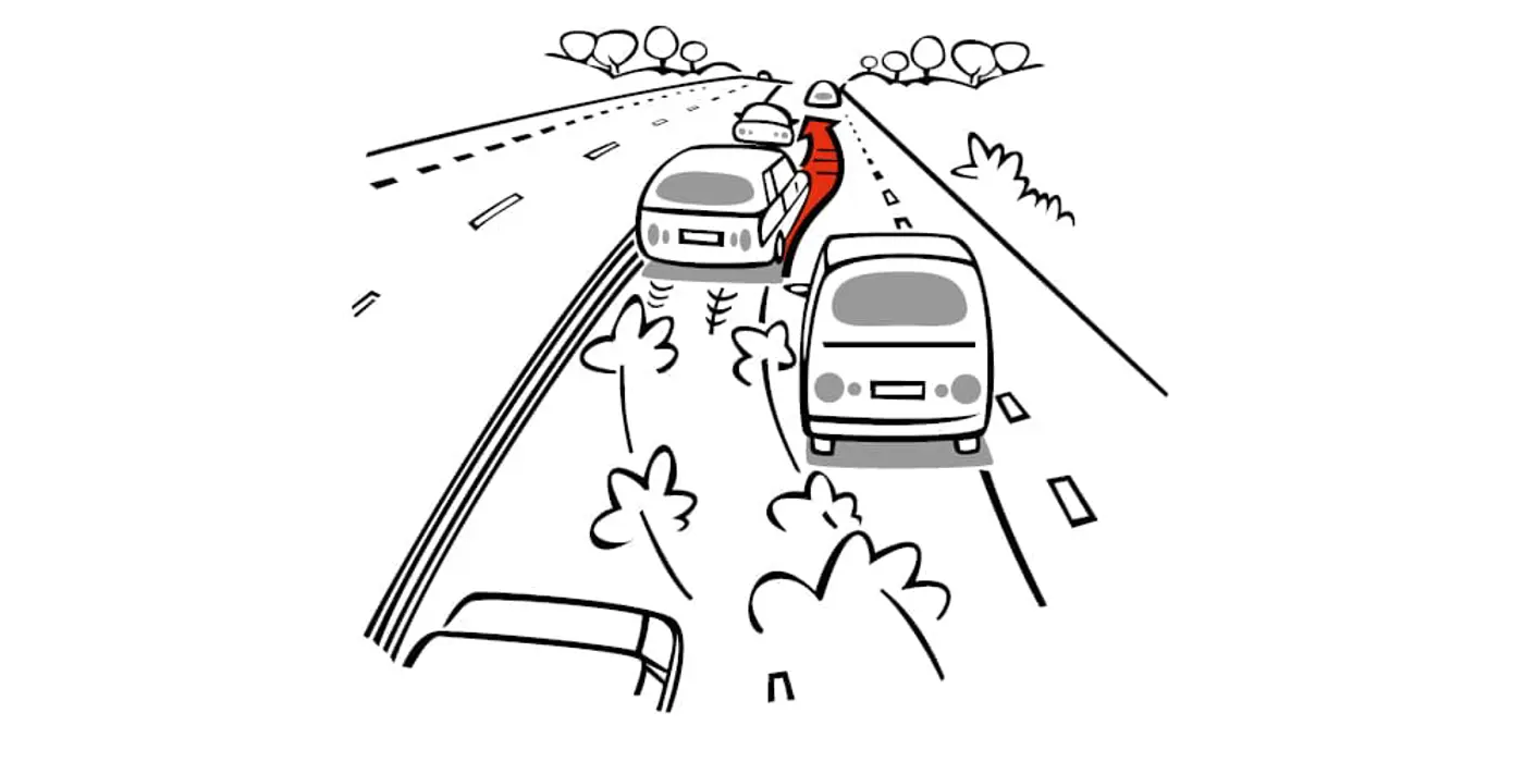 Tecknad bild av en bil som kör slalom mellan andra bilar