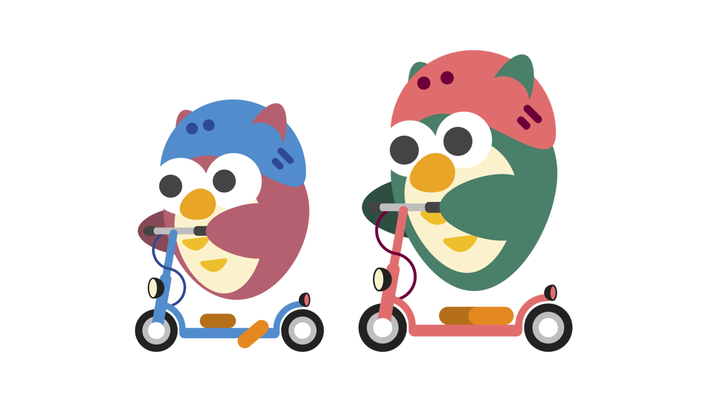 Illustrerade ugglor på elsparkcykel.