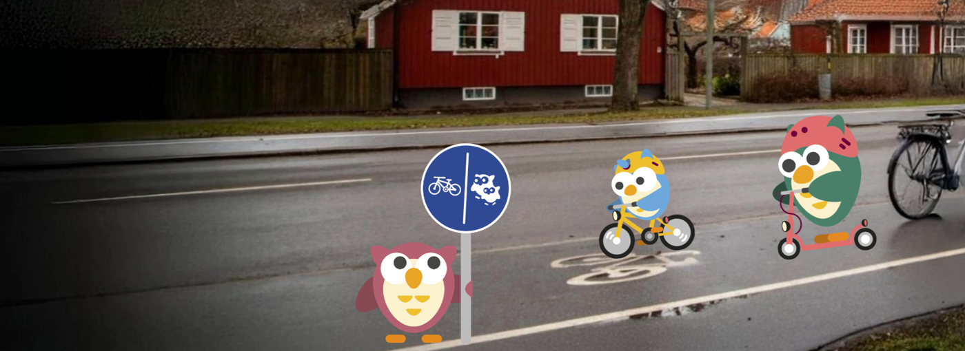 En cykelbana med inklippta illustrationer på ugglor i olika färg och storlek som cyklar, går och kör elsparkcykel.
