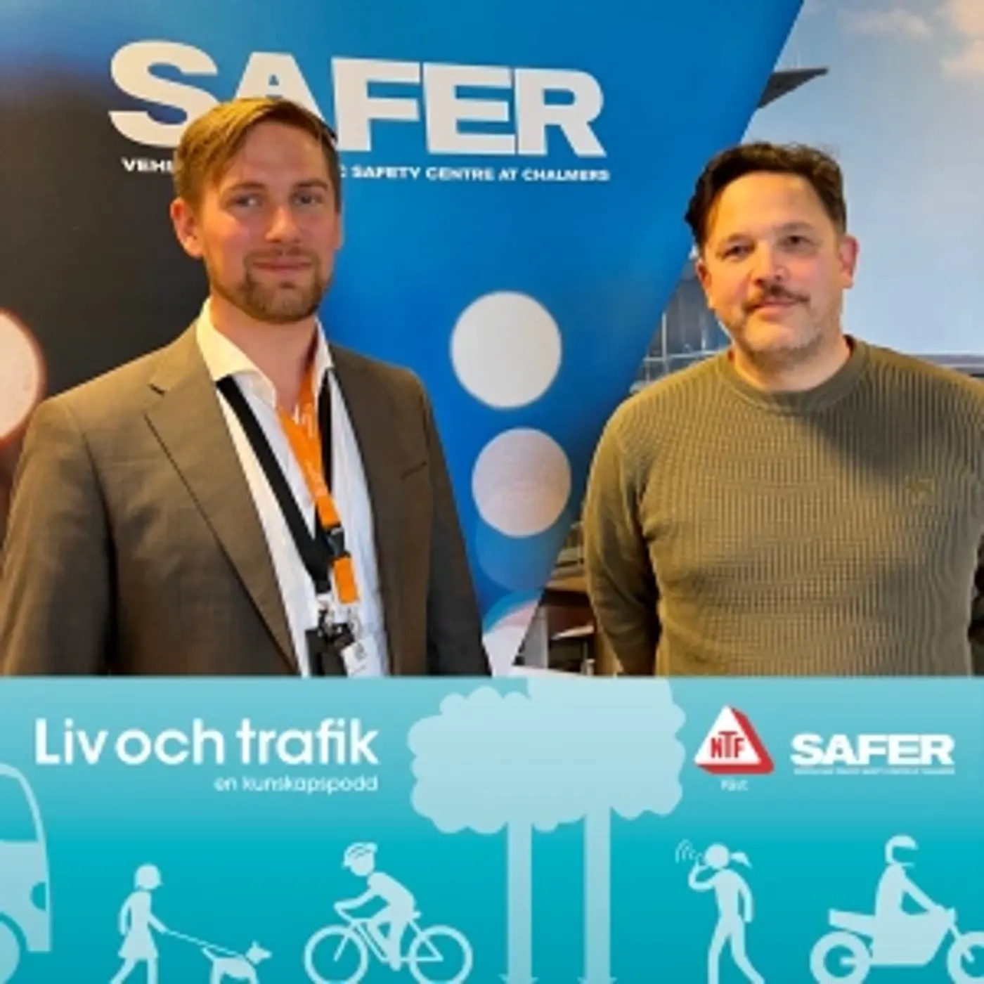 En omslagsbild till podcasten "Liv och trafik" med en bild på två män.