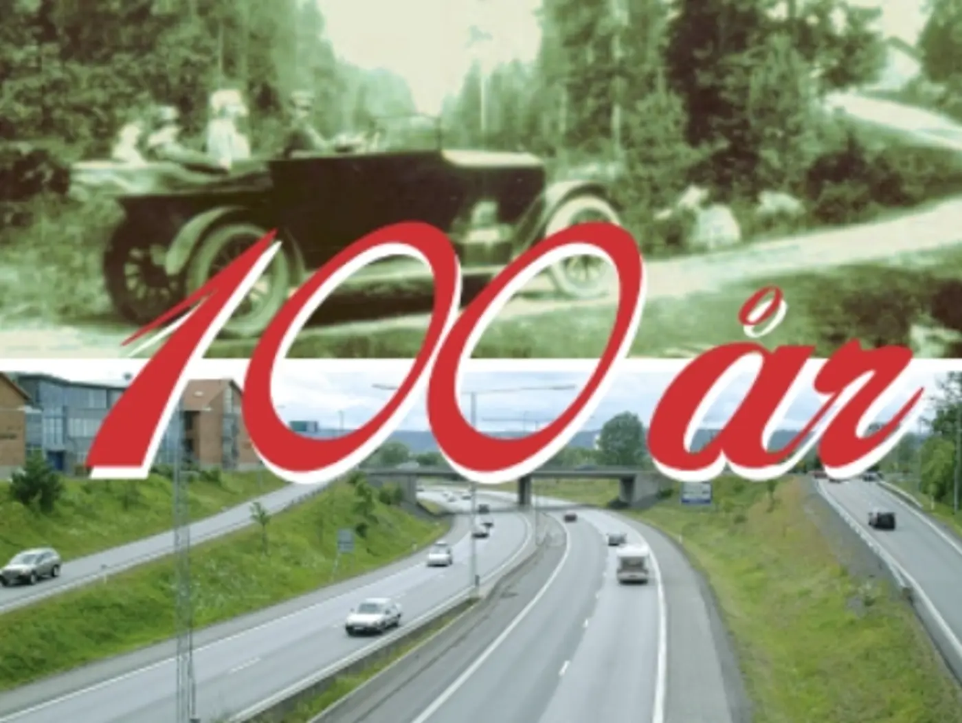 En motorväg samt texten "100 år" framför.