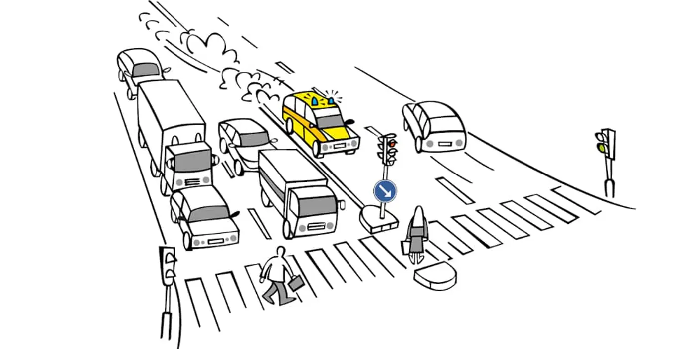 tecknad bild av ett utryckningsfordon som försöker ta sig fram vid trafikljus