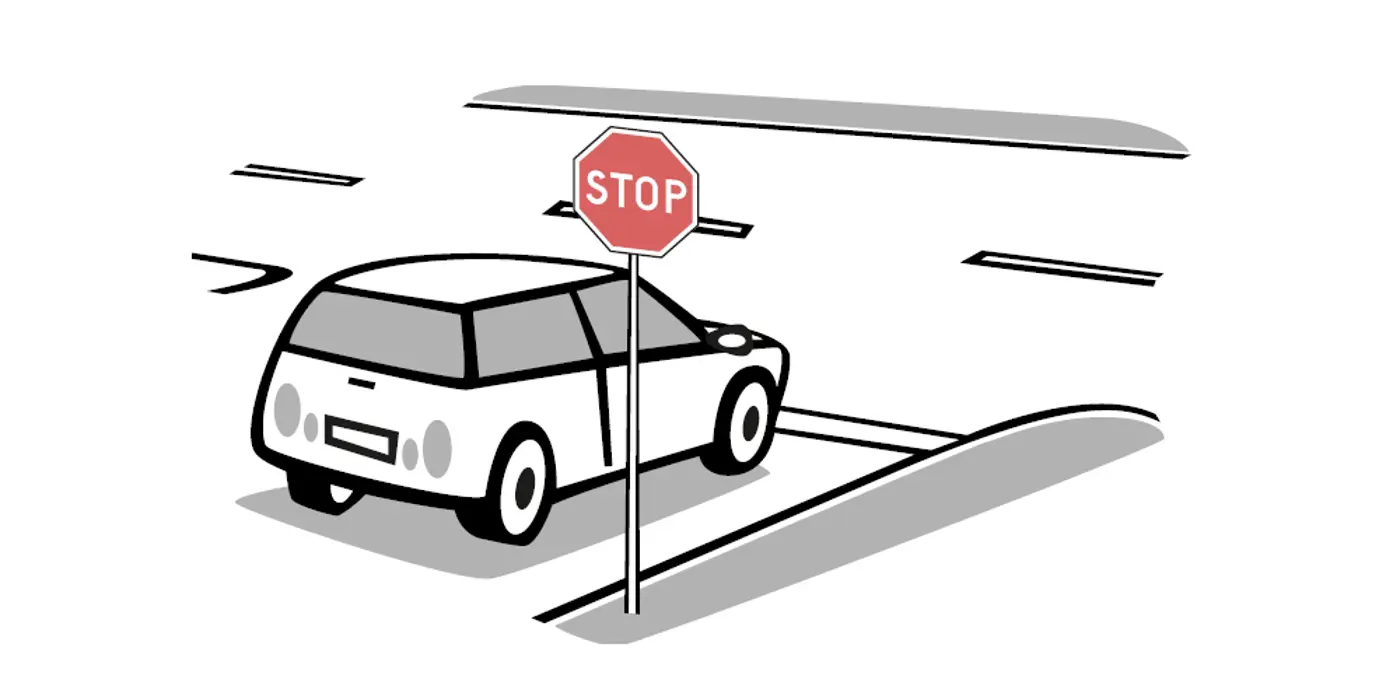 tecknad bild av en bil som står vid en stopp-skylt