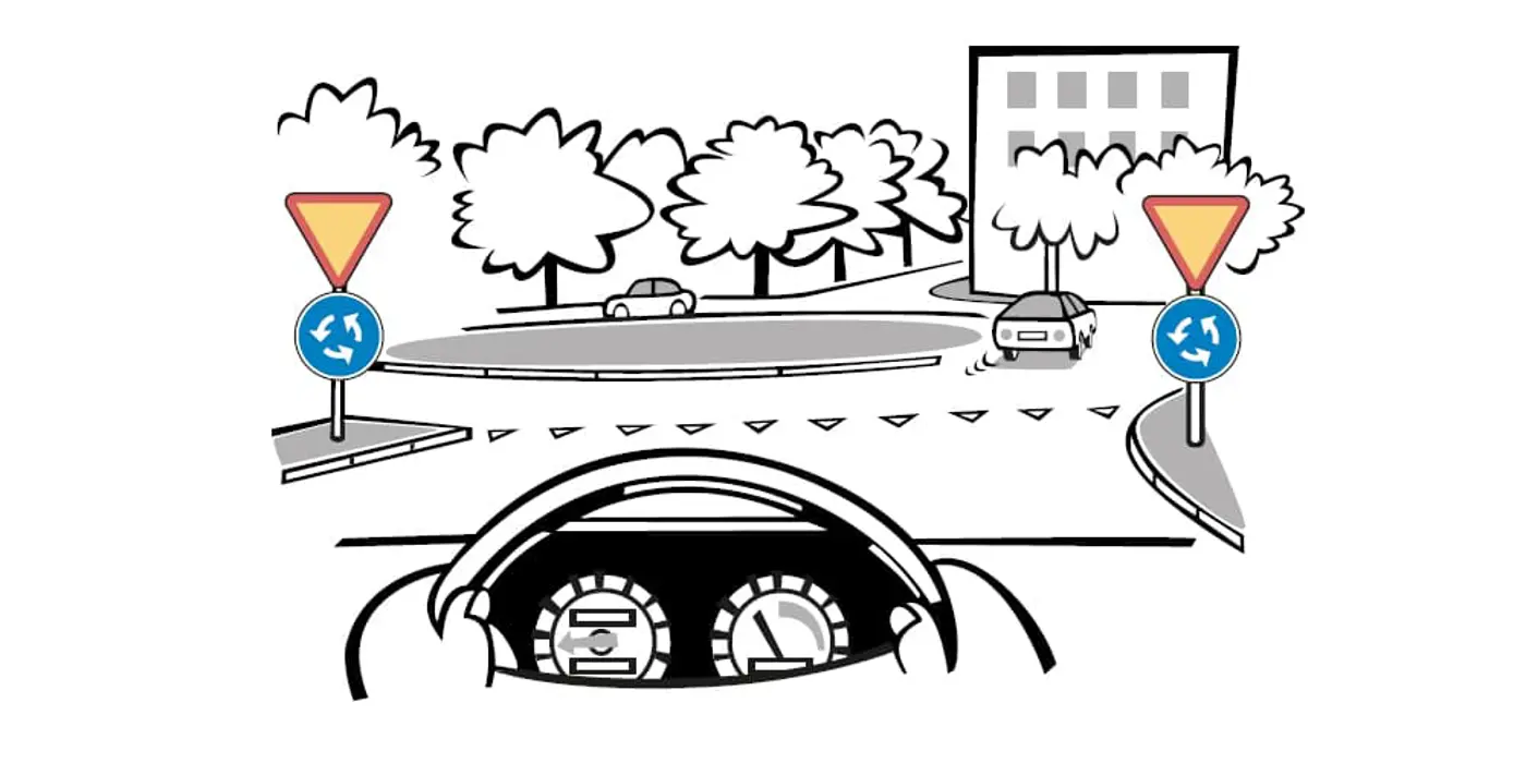 tecknad bild av en bil som är påväg in i en cirkulationsplats