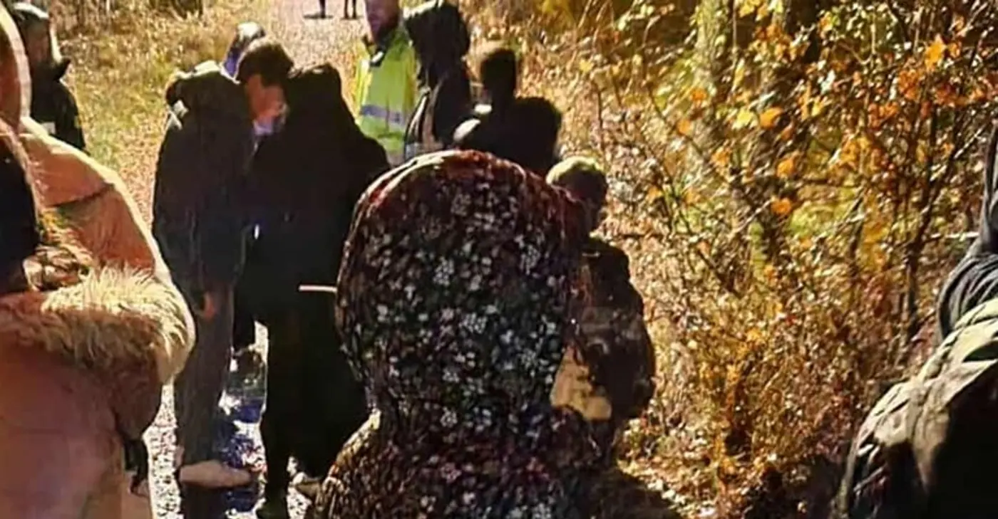 En grupp barn går på en grusväg i höstmiljö.