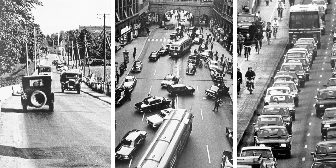 Ett kollage med svartvita bilder på gamla bilar.