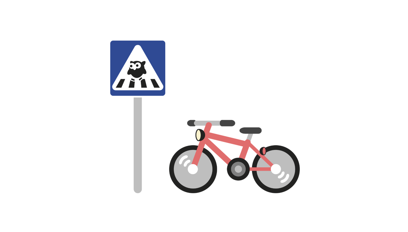 Illustrerad cykel och skylt för övergångsställe.