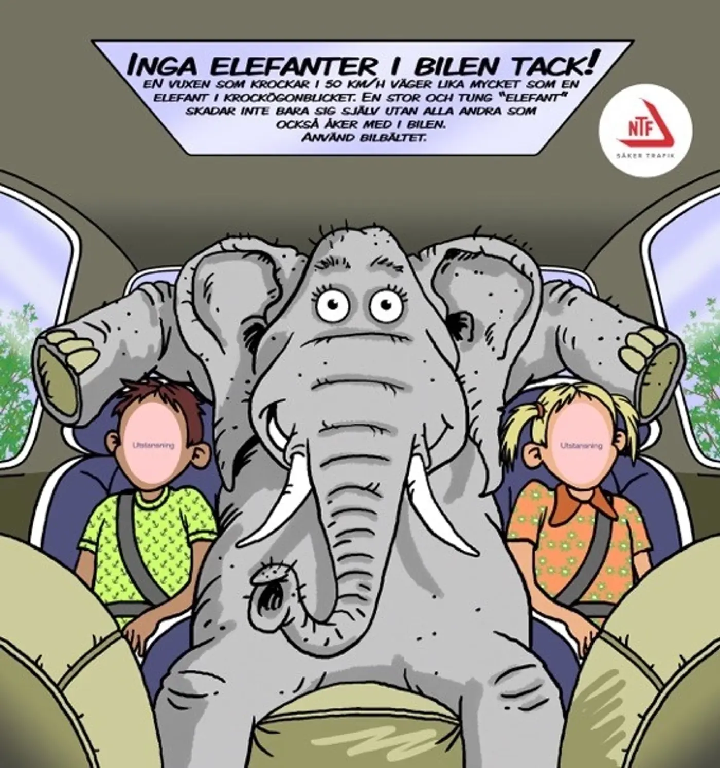 En illustration av en elefant som sitter inklämd utan bälte mellan två barn i baksätet på en bil.