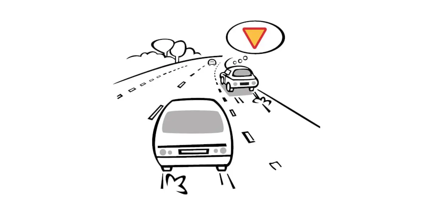 Illustrerad bild av bil som kör ut i väggren pågrund utav omkörning på landsväg
